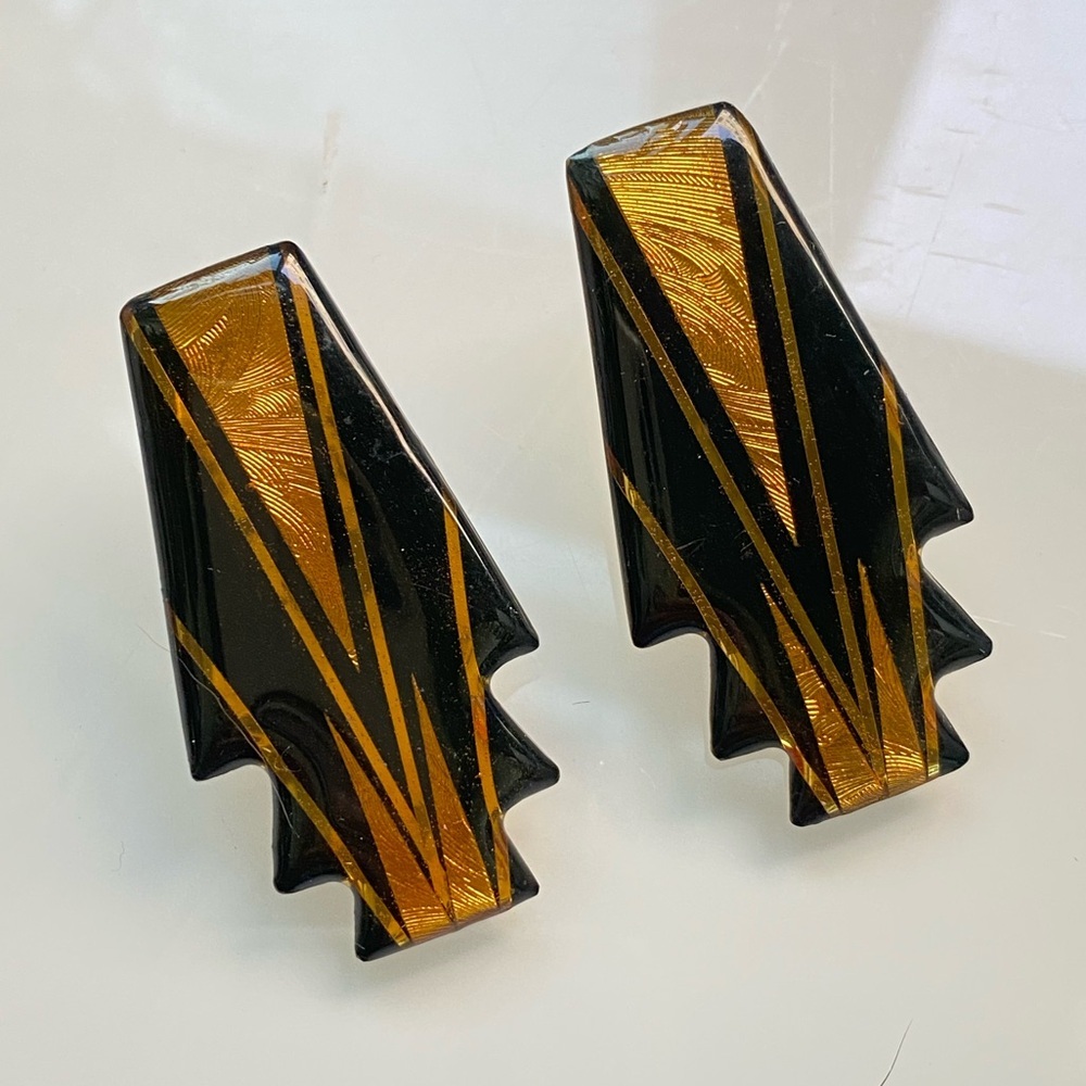 RARE⚡️Vtg 1988 John Crutchfield Geometric Black & Gold Art Deco Earrings